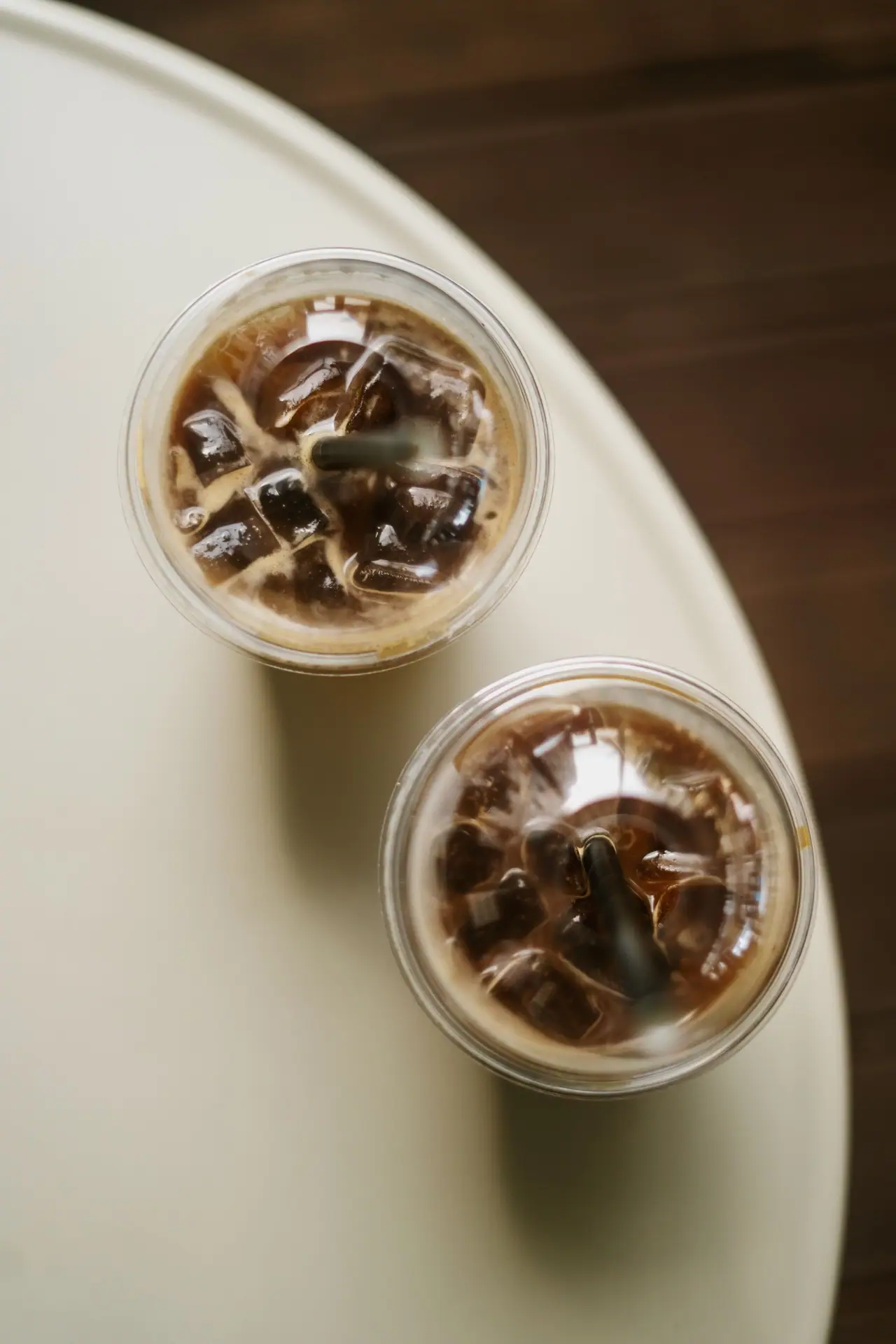 Iced coffee in clear cups, seen from above